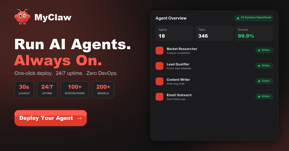 MyClaw promotion: run AI agents always on, with an agent overview dashboard