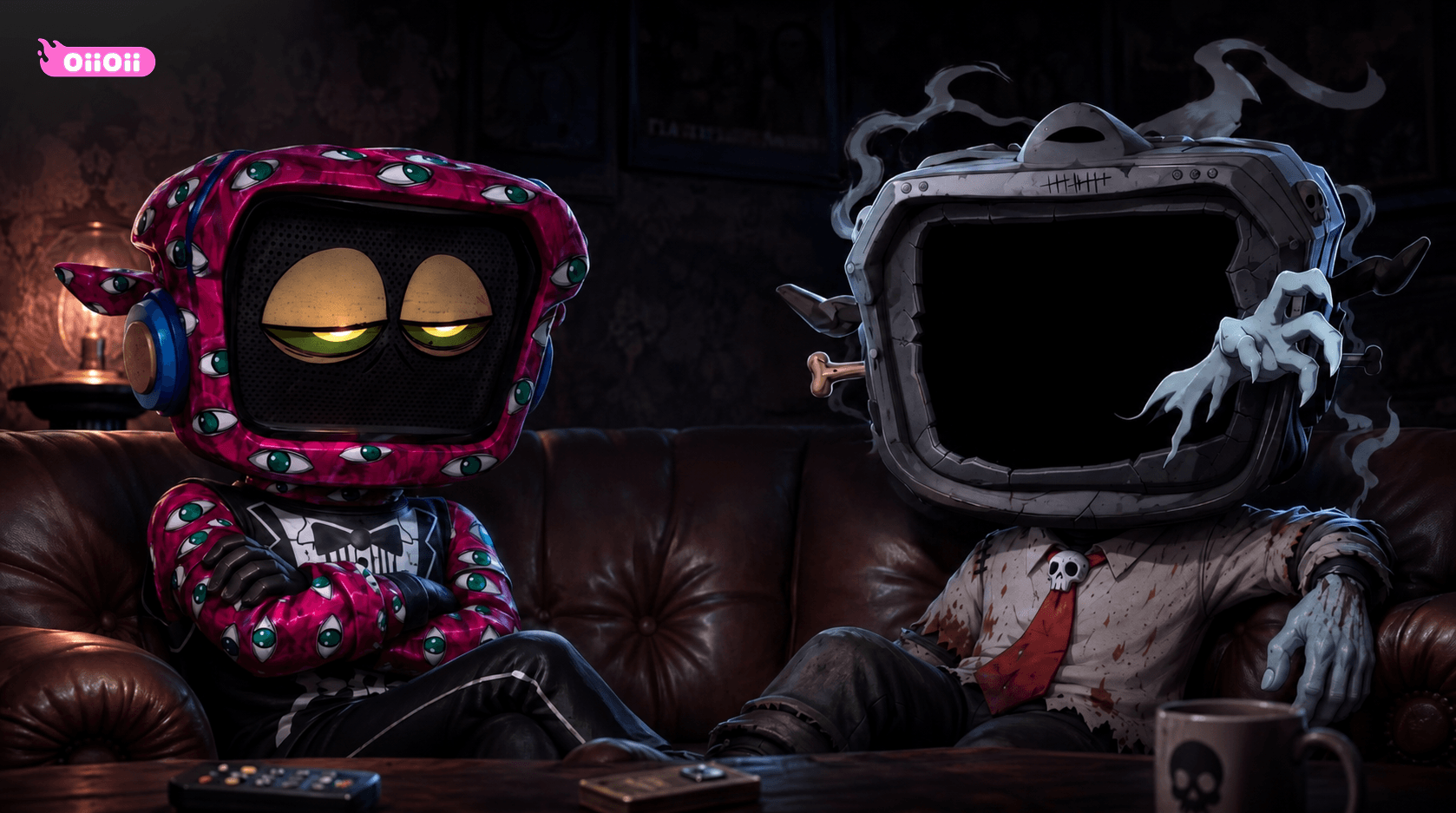 OiiOii generated scene: two television-headed characters on a couch in a dim room