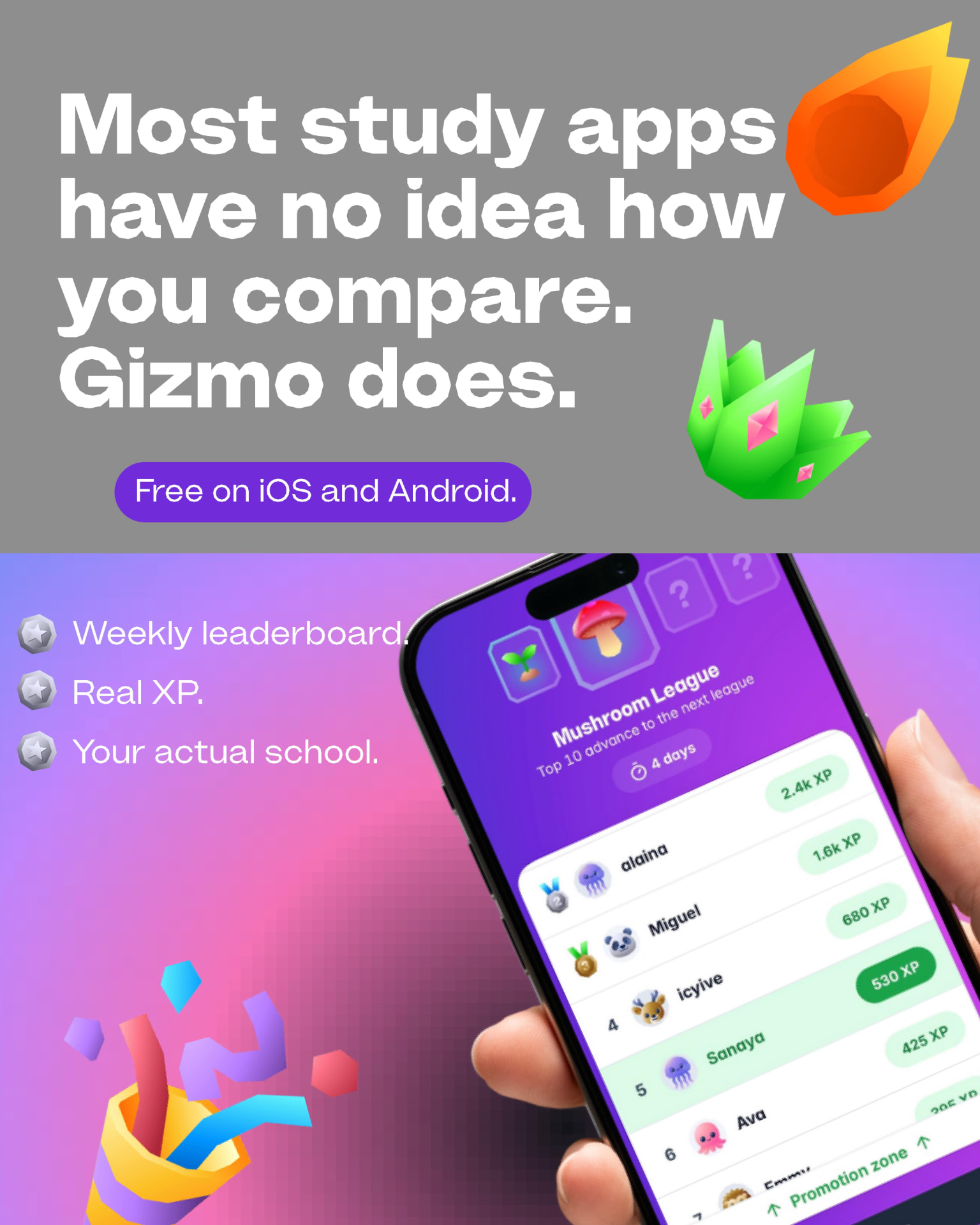 Gizmo promotion: weekly leaderboard, real XP, your actual school, free on iOS and Android