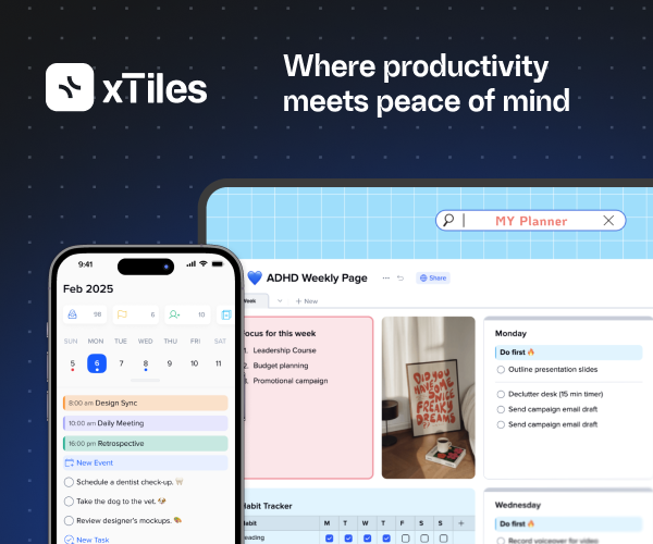 xTiles promotion on a dark background showing a weekly planner board and mobile app