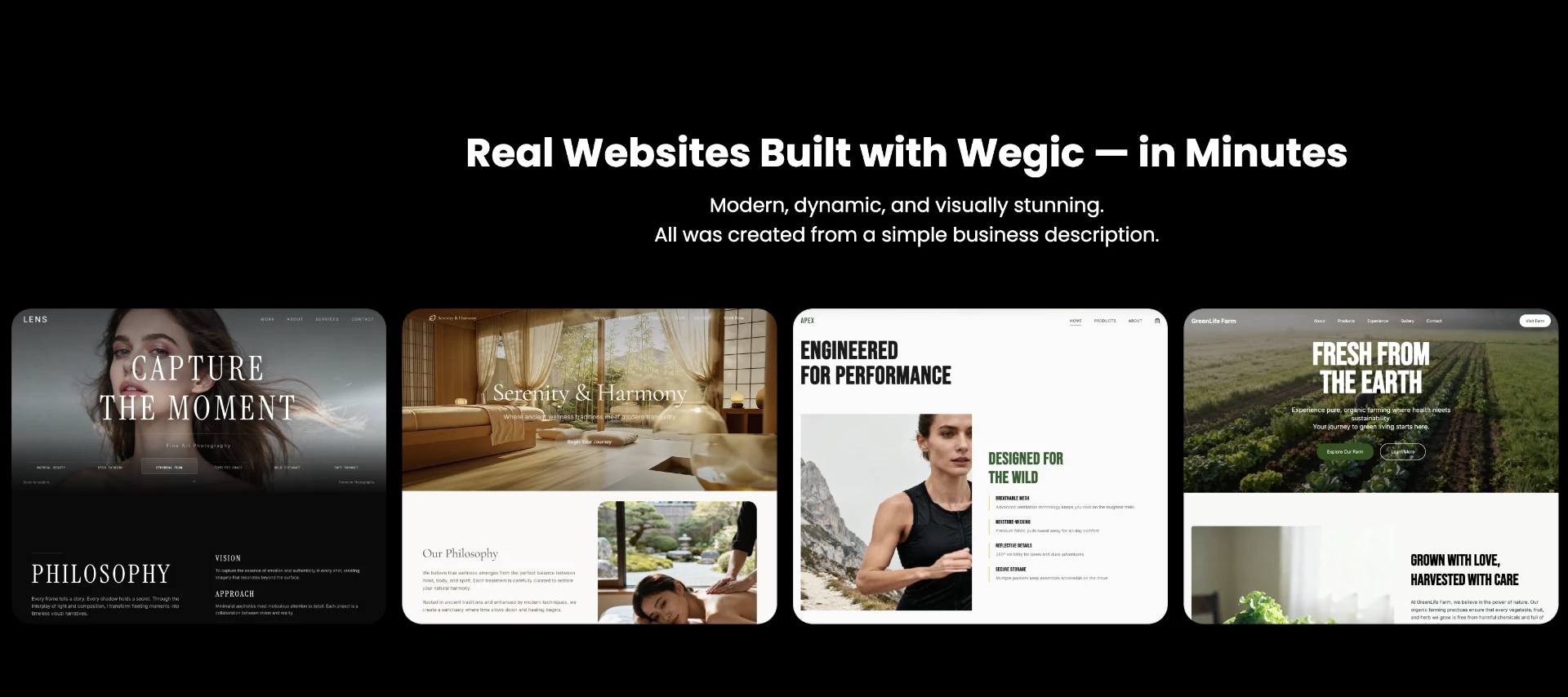 Real websites built with Wegic in minutes, four example site designs