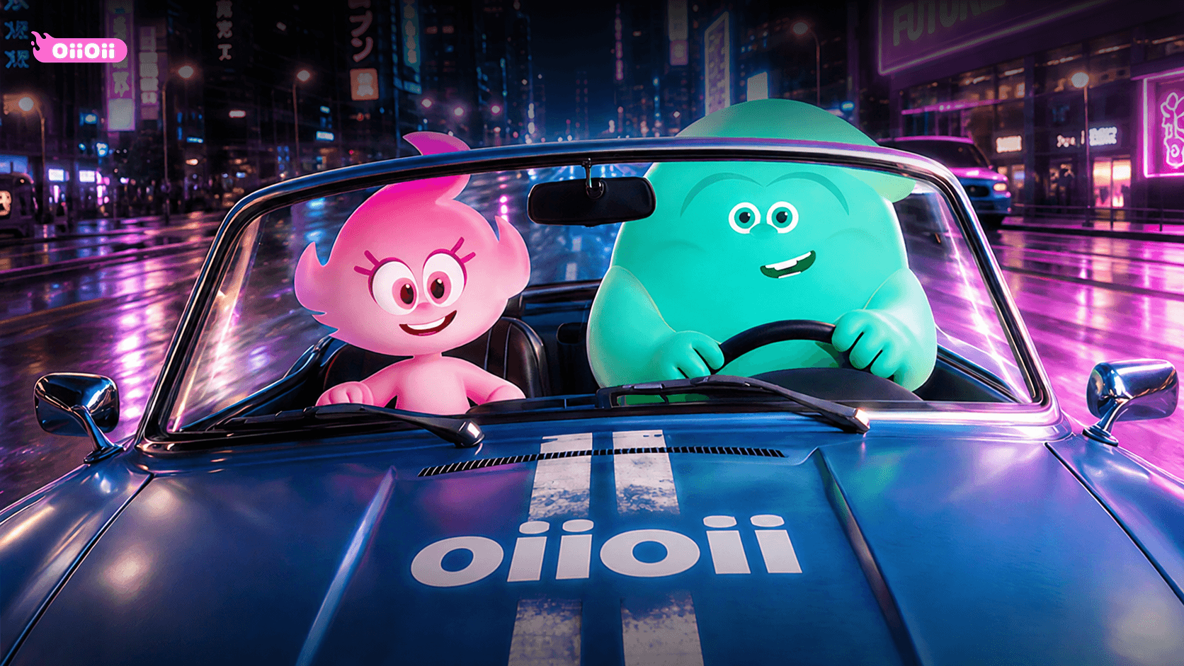 OiiOii generated scene: two stylised characters driving through a neon city at night