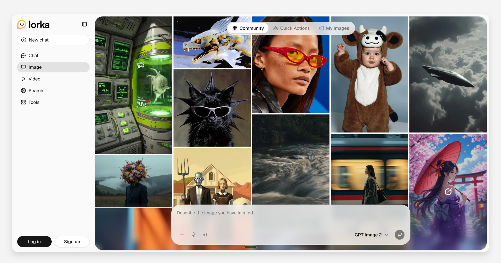 Lorka image studio interface showing generated images and a prompt box