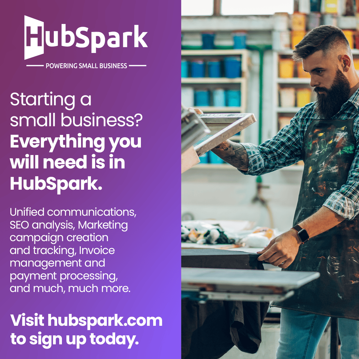 HubSpark promotion listing unified communications, SEO analysis, marketing campaigns, and invoicing